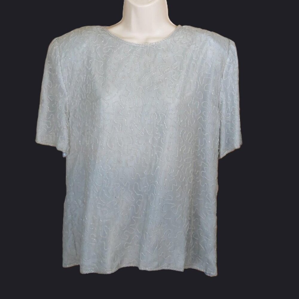 VTG Jakelin Beaded Grey Short Sleeve Top Silk Size XL